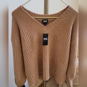 NWT INC INTERNATIONAL CONCEPT TAN TOFFEE CHENILLE PULLOVER V NECK COZY SWEATER L